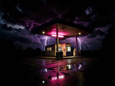 Rural gas station at 3am with a single overhead neon buzzing pink against rollin