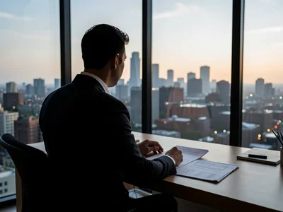 A business person at their desk with their back to a floor-to-ceiling window, si