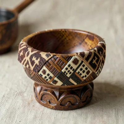 Warm tapa cloth browns and geometric pattern rhythm, A wooden kava bowl with car