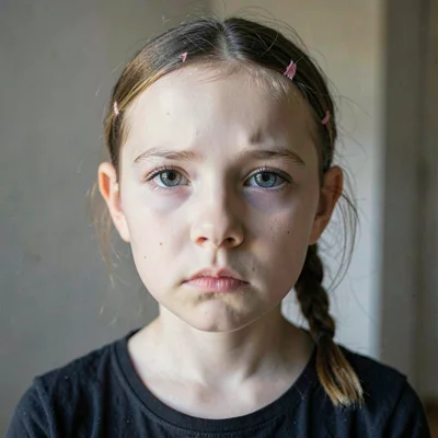 A young girl looking directly at camera, eyes serious beyond her years