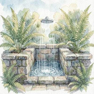 Atmospheric scene of an outdoor shower in a stone enclosure surrounded by tall f