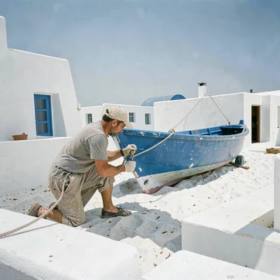 Cycladic whitewash study, Greek island lime, A fisherman repairing a blue boat h