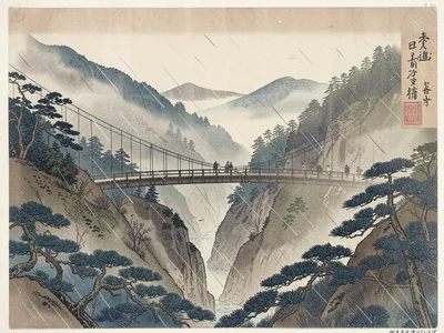Suspension bridge over a ravine in fog, travelers halfway across becoming indist