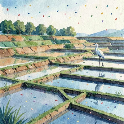 Gouache scene of a terraced paddy with mirror-water steps and a single egret sil