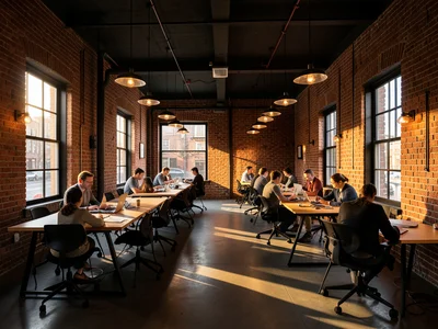 Coworking space with exposed brick walls, pendant lights, and people working at 