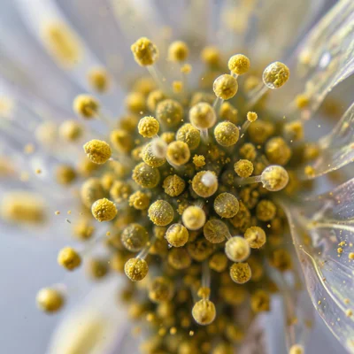 Extreme close-up of pollen grains on flower stamen, golden dust detail