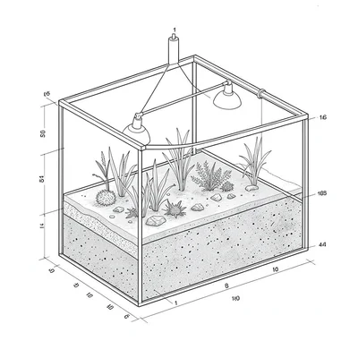 Blueprint-style cutaway of a vivarium showing substrate layers, drainage, and li