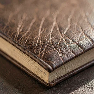 Vertical macro of a leather cover's grain pulled tight over the boards, deep gra