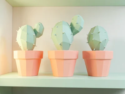 Geometric lowpoly cactus trio in coral pots arranged neatly on a mint shelf with