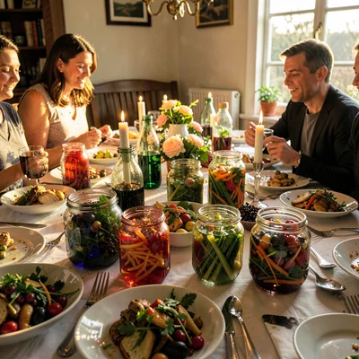 Mid-feast table scene, abundant hospitality, Pickled vegetables in glass jars of
