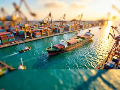 Drone-height tilt-shift miniature of a busy container harbor at golden hour, tin