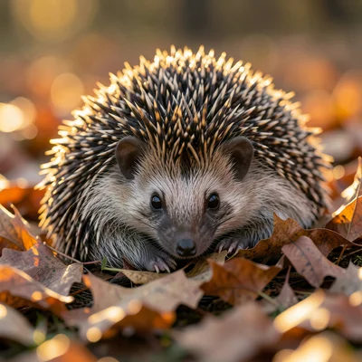 Hedgehog curled up in autumn leaves, tiny face peeking out, warm tones