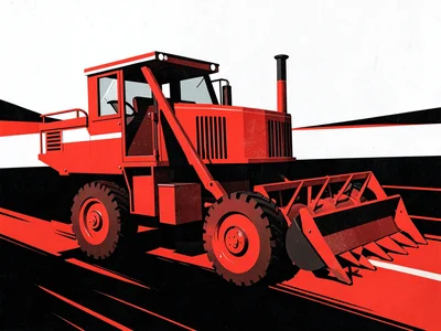Agricultural harvester in field, machine forms as bold red and black shapes