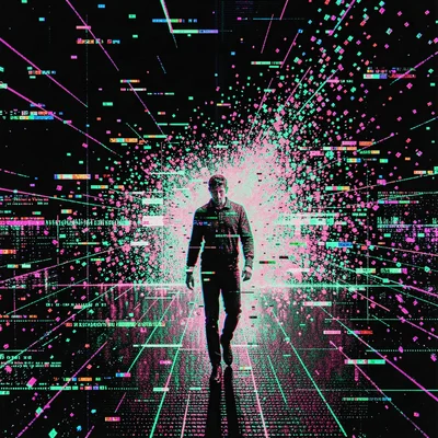Glitch art illustration, person walking through pixel storm , digital corruption