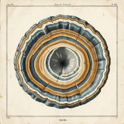 Detailed mineral cross-section of a geode showing concentric crystal bands and a