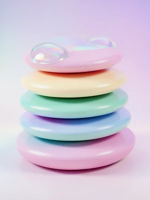 A series of stacked discs in graduating pastel colors, slightly offset, casting 
