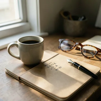 A ceramic mug of black coffee half-empty, a Moleskine notebook with a fountain p