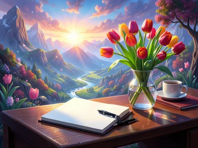 Empty notebook on desk next to vase of fresh tulips, pen ready