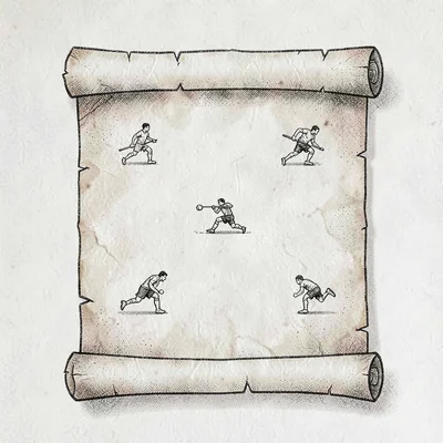 Legend card drawn as a parchment scroll with tiny scrum, lineout and ruck icons,