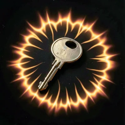 A house key — simple everyday object — surrounded by pulsing orange-yellow disch