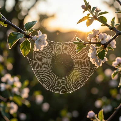 Morning dew on a spider web stretched between two flowering branches, backlit by