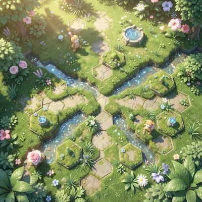 Top-down view of a verdant garden quadrant of the game board, mossy hexes branch