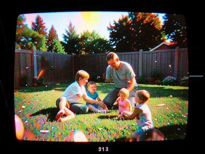 VHS recording of father playing with kids in backyard, 1990s summer, degraded ta