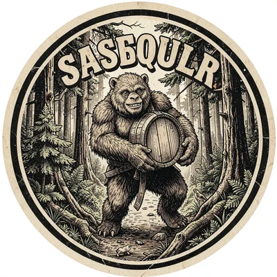 Craft beer label illustration, Sasquatch carrying barrel through forest , brewer