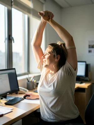Person stretching at their desk, arms above head, sunlight through office window