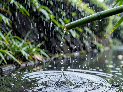 Drop hanging from bamboo tip moment before