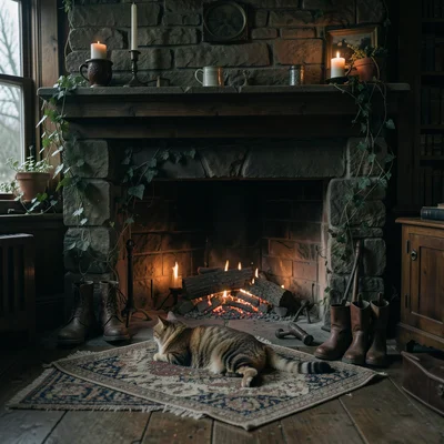 A stone fireplace with a low fire, a cat on the hearth rug, boots drying beside 