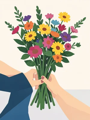 Florist arranging a bouquet, stems and blooms as flat graphic elements