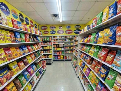 Off-brand snack wall, almost-familiar logos, the poetry of discount naming, colo