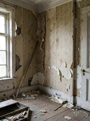 Peeling wallpaper in abandoned mansion, layers of decades of patterns exposed