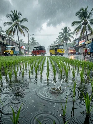 Rain Drops Hitting Paddy Field Water Surface