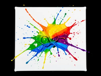 Paint splatter in rainbow colors across white canvas, energetic, expressive