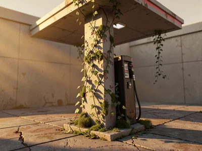 A leaning faceted gas station with vines crawling up the pump column under golde