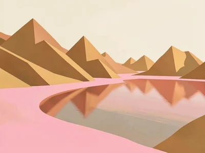 Flamingo-pink shoreline curves around a copper highland lake under a cream sky, 