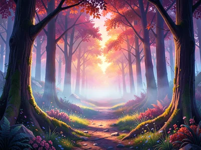 A breathtaking surreal landscape, dreamlike atmosphere,. misty forest trail at d