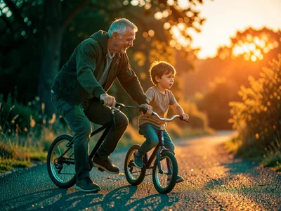 Father teaching kid to ride bike, golden hour making it an Oscar moment
