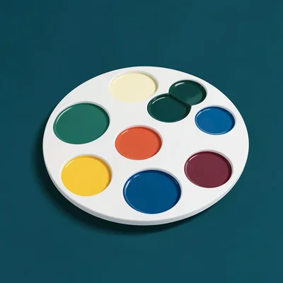 Color-block ad of a paint set and palette on a deep teal flat, even softbox ligh