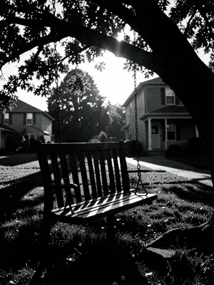 Tree swing in dramatic backlight, empty seat swaying, nostalgic noir atmosphere