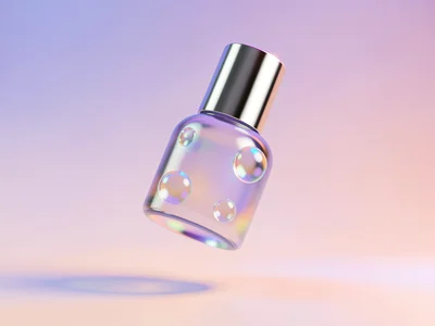 A chrome-finished cosmetic bottle floating mid-air with a soft cast shadow on a 