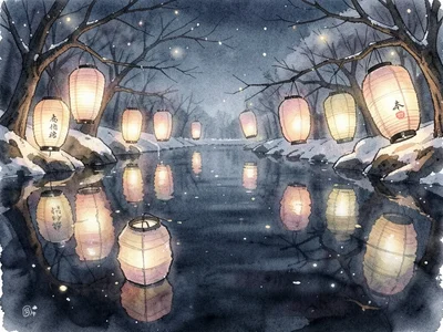 Paper lanterns floating on dark water at night, warm glow, winter festival atmos