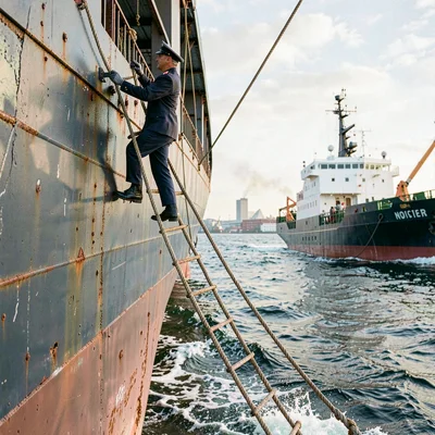Port city documentary photograph, A harbor pilot climbing a rope ladder on the s