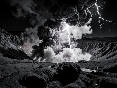 Lightning within ash cloud illuminating