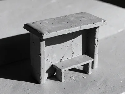 Concrete bus shelter with one heavy roof slab and a single seat, shadow sliced s