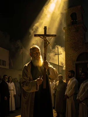 Dramatic light through darkness in Addis Ababa, Ethiopia, Priest holding process