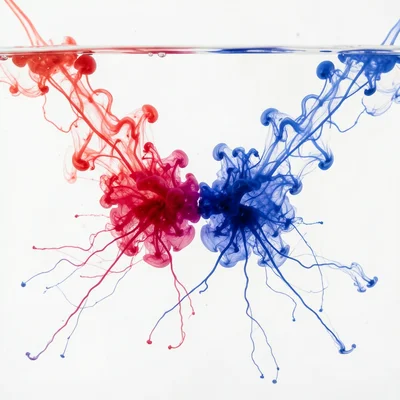 Two drops of different colored ink meeting in water, boundary where red and blue