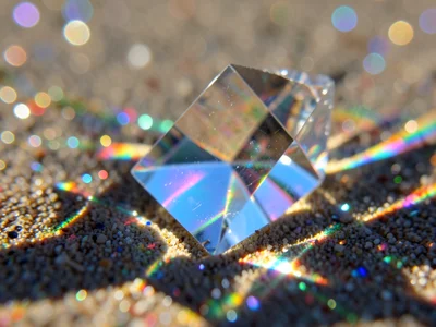 Light through crystal on beach, prismatic colors scattered across sand
